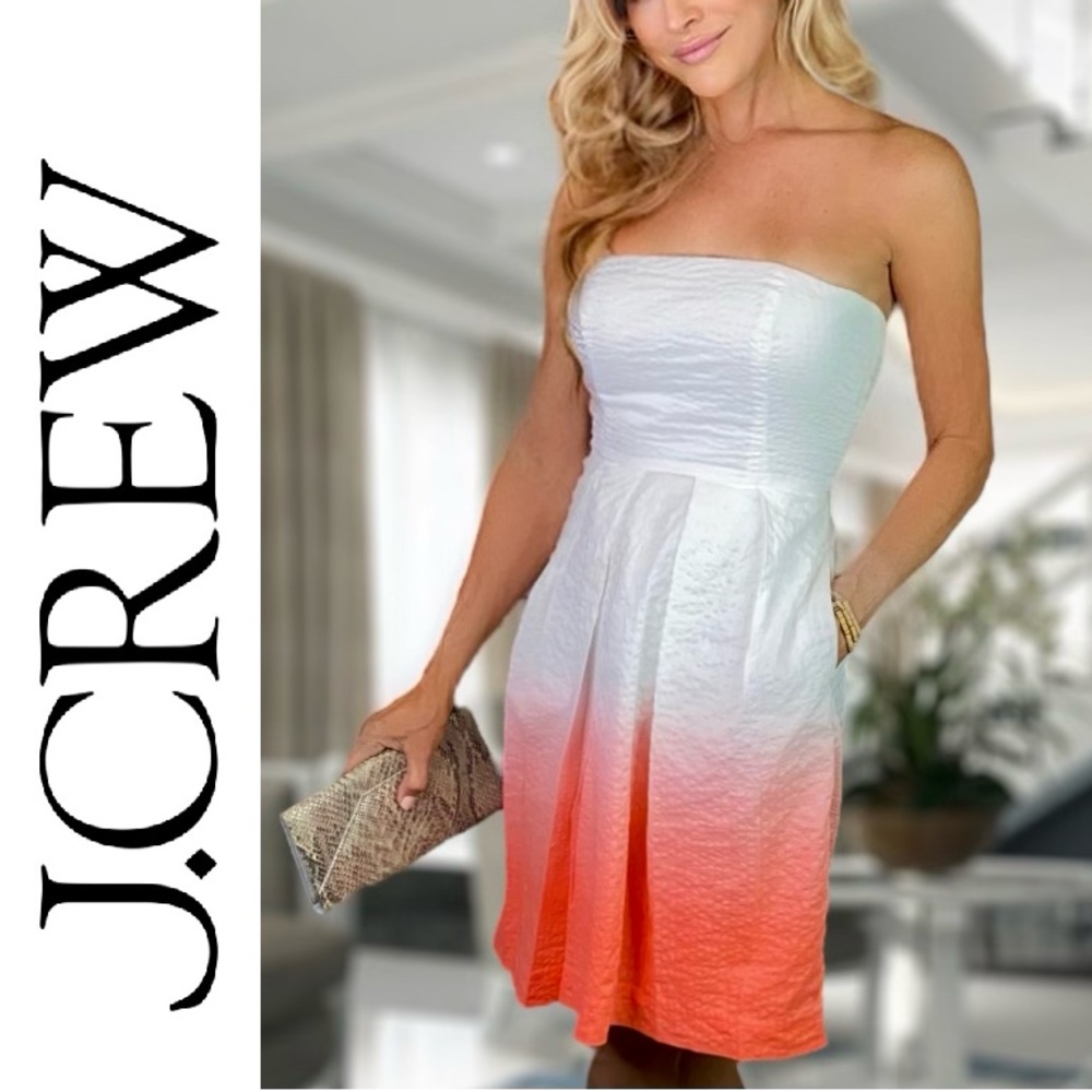 J. Crew Coral and White Embossed Cotton Dip
Dye Strapless Dress  Size 2